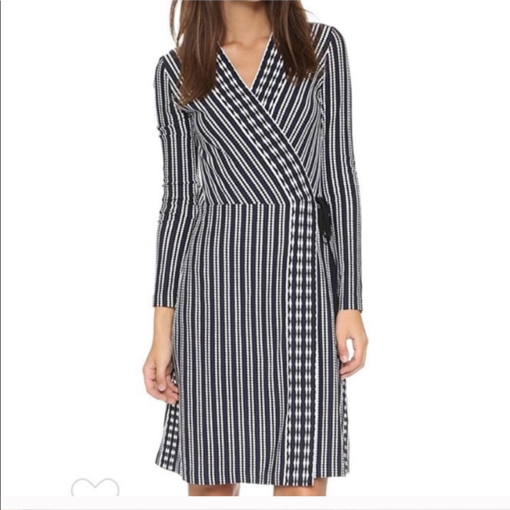 Tory Burch Black and White Striped Long Sleeve Wrap Dress